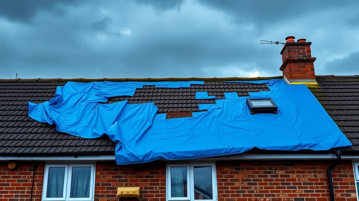 Tarpaulin battened over damaged slates under a storm sky