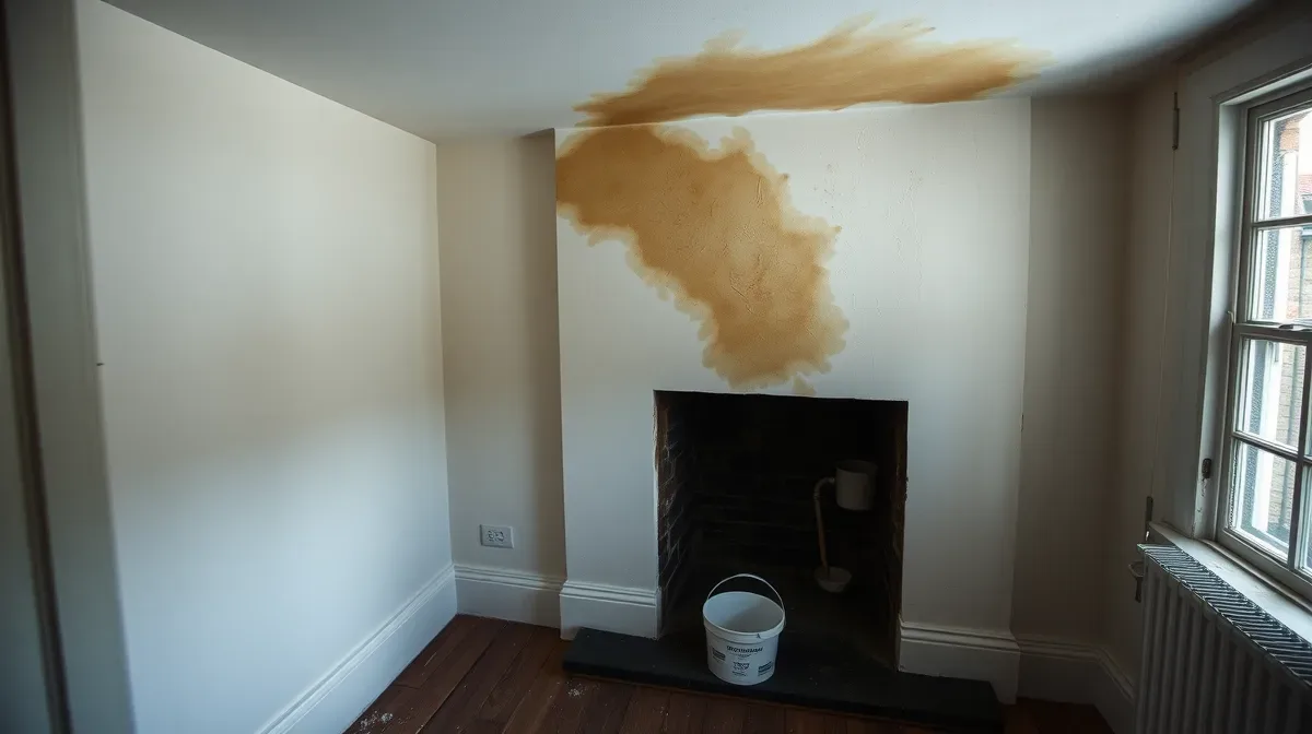 Damp stain spreading across a ceiling beside a chimney breast