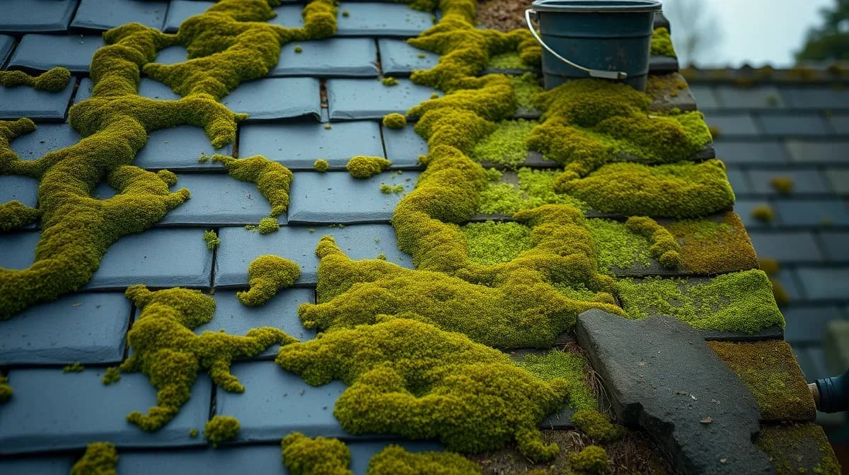 Slate roof half cleared of green moss