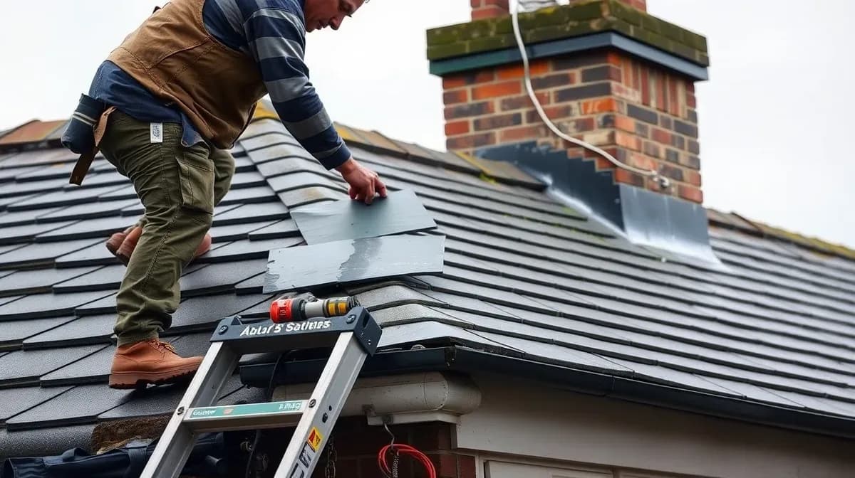 Roofer replacing a broken slate on a Victorian terrace roof