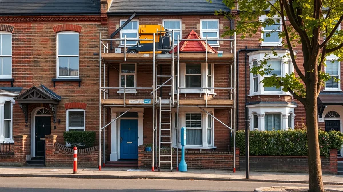 Scaffolding along a Victorian terrace for roof work