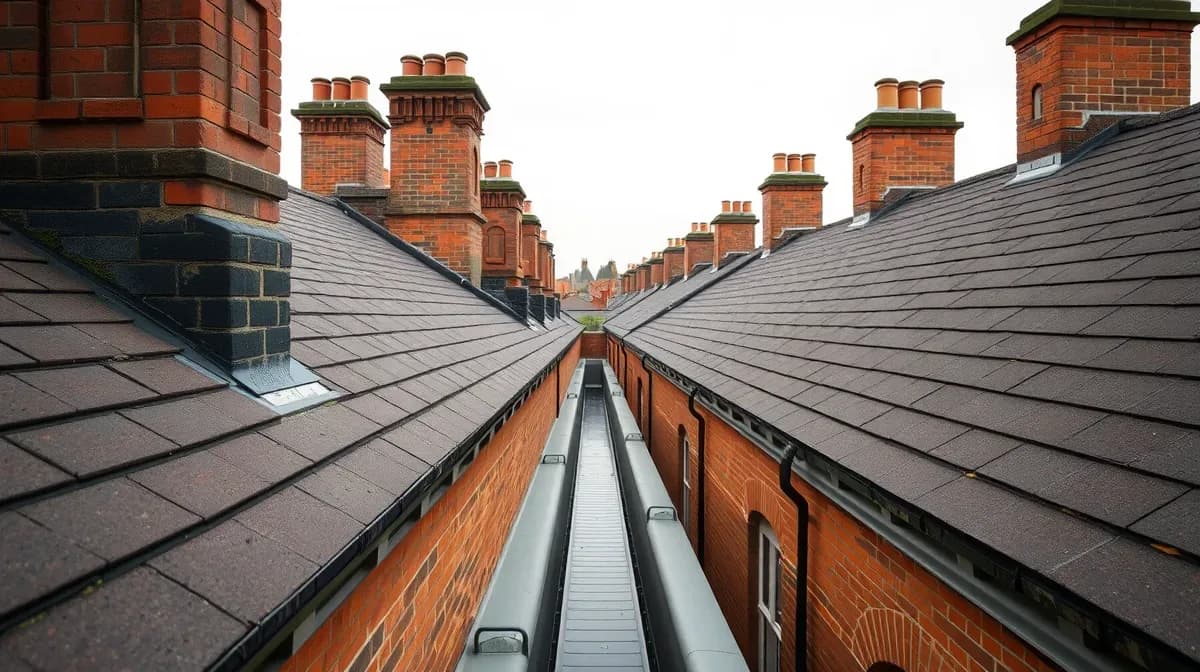 Lead-lined parapet gutter between two terraced roofs